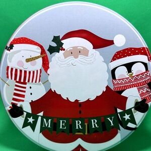 Cookie Tin Box Round Christmas Farm Fresh Santa Claus Snowman Penguin Damaged